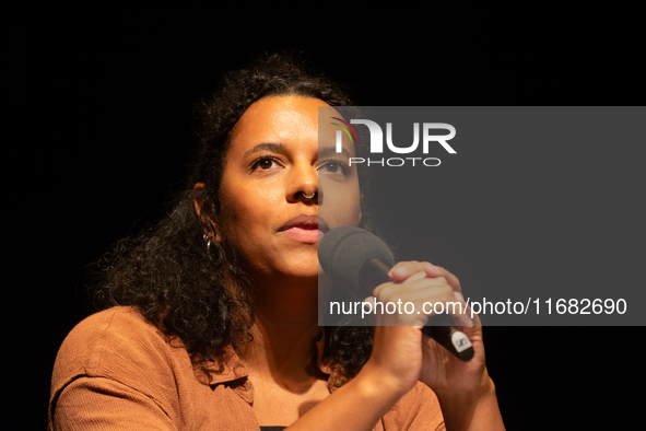 Alice Hasters, a German journalist, is on the stage of Schauspiel Koeln depot in Cologne, Germany, on October 19, 2024, during the Cologne l...