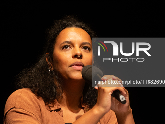 Alice Hasters, a German journalist, is on the stage of Schauspiel Koeln depot in Cologne, Germany, on October 19, 2024, during the Cologne l...