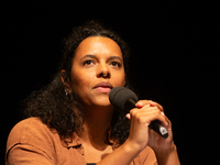 Alice Hasters, a German journalist, is on the stage of Schauspiel Koeln depot in Cologne, Germany, on October 19, 2024, during the Cologne l...