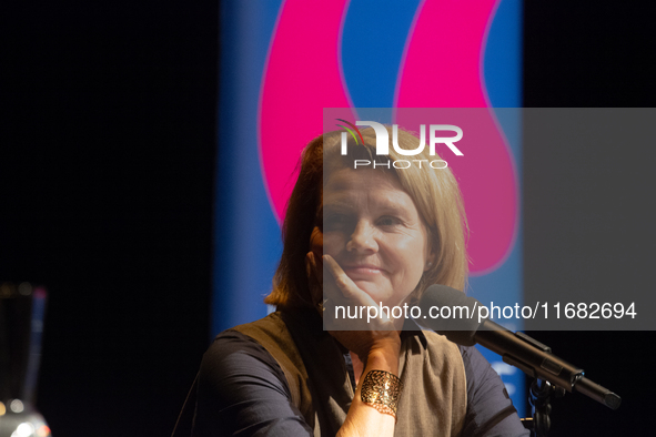 Annette Frier, a German actress, is seen on the stage of Schauspiel Koeln depot in Cologne, Germany, on October 19, 2024, during the Cologne...