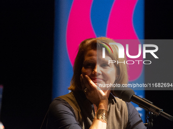 Annette Frier, a German actress, is seen on the stage of Schauspiel Koeln depot in Cologne, Germany, on October 19, 2024, during the Cologne...