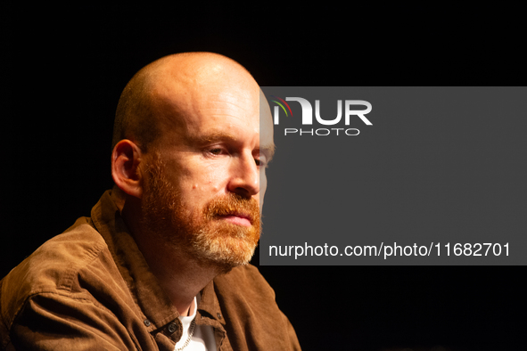 Matt Haig, the English author, appears on the stage of Schauspiel Koeln depot in Cologne, Germany, on October 19, 2024, during the Cologne l...