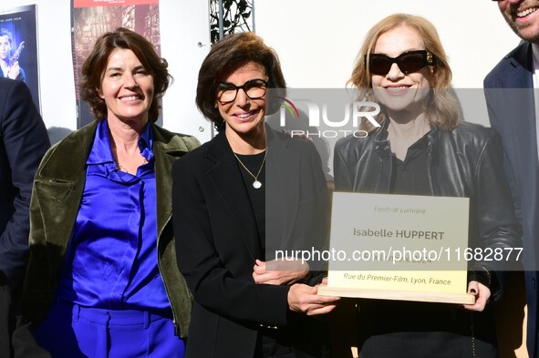 Rachida Dati, Minister of Culture, and Isabelle Huppert attend the remake of the light factories in Lyon, France, on October 19, 2024. 