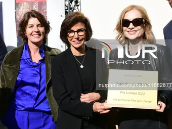 Rachida Dati, Minister of Culture, and Isabelle Huppert attend the remake of the light factories in Lyon, France, on October 19, 2024. (