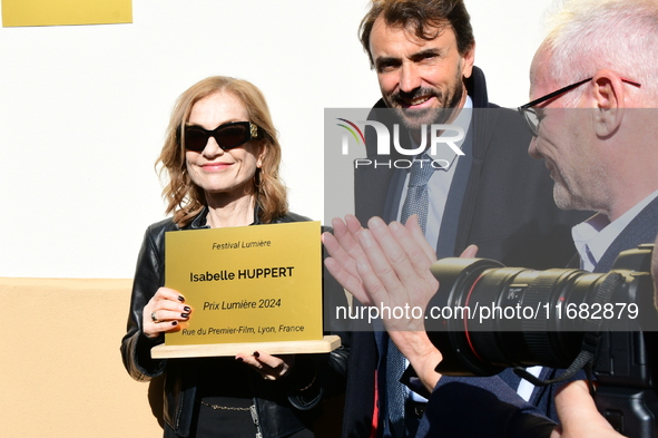 Rachida Dati, Minister of Culture, and Isabelle Huppert attend the remake of the light factories in Lyon, France, on October 19, 2024. 