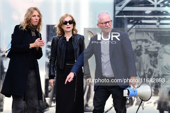 Sandrine Kiberlain and Isabelle Huppert attend the remake of the light factories in Lyon, France, on October 19, 2024. 