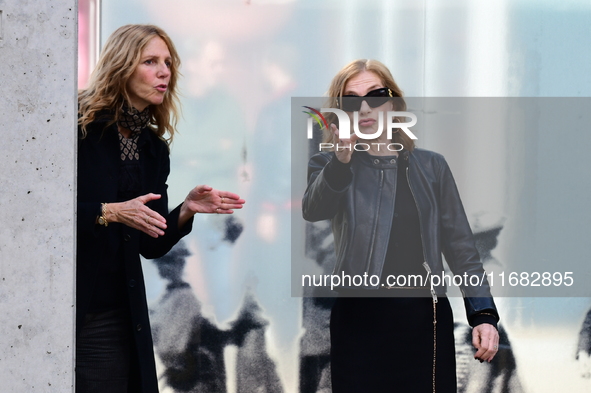 Sandrine Kiberlain and Isabelle Huppert attend the remake of the light factories in Lyon, France, on October 19, 2024. 