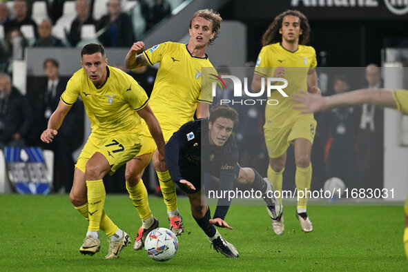 Adam Marusic and Nicolo Rovella of S.S. Lazio and Kenan Yildiz of Juventus F.C. are in action during the 8th day of the Serie A Championship...