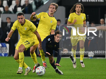 Adam Marusic and Nicolo Rovella of S.S. Lazio and Kenan Yildiz of Juventus F.C. are in action during the 8th day of the Serie A Championship...