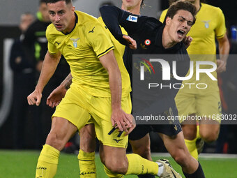 Adam Marusic and Nicolo Rovella of S.S. Lazio and Kenan Yildiz of Juventus F.C. are in action during the 8th day of the Serie A Championship...