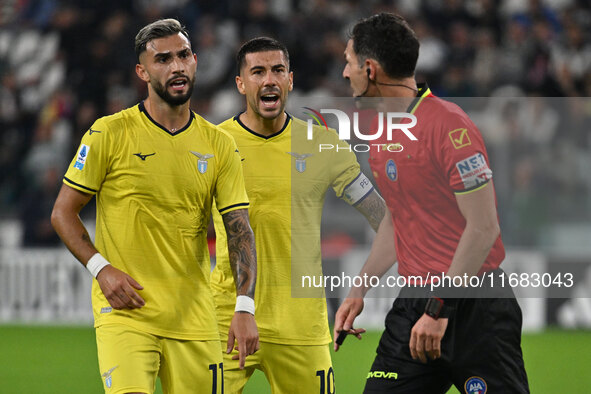 Valentin Castellanos, Mattia Zaccagni of S.S. Lazio, and Referee Juan Luca Sacchi are present during the 8th day of the Serie A Championship...