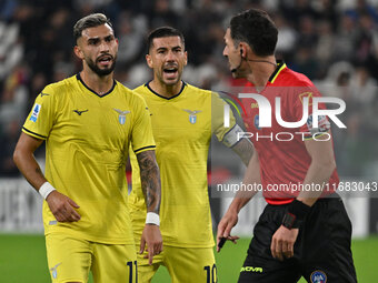 Valentin Castellanos, Mattia Zaccagni of S.S. Lazio, and Referee Juan Luca Sacchi are present during the 8th day of the Serie A Championship...