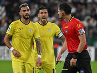 Valentin Castellanos, Mattia Zaccagni of S.S. Lazio, and Referee Juan Luca Sacchi are present during the 8th day of the Serie A Championship...