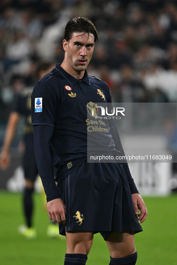 Dusan Vlahovic of Juventus F.C. responds to racist insults during the 8th day of the Serie A Championship between Juventus F.C. and S.S. Laz...