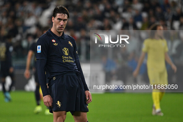 Dusan Vlahovic of Juventus F.C. responds to racist insults during the 8th day of the Serie A Championship between Juventus F.C. and S.S. Laz...