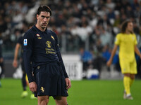 Dusan Vlahovic of Juventus F.C. responds to racist insults during the 8th day of the Serie A Championship between Juventus F.C. and S.S. Laz...