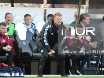 Newcastle United Manager Eddie Howe strains during the Premier League match between Newcastle United and Brighton and Hove Albion at St. Jam...