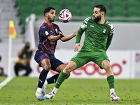 Abdullah Al Ahrak (L) of Al Duhail FC battles for the ball with Driss Fettouhi of Al Ahli SC during the Ooredoo Qatar Stars League 24/25 mat...