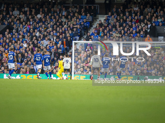 Michael Keane of Everton makes it 2-0 during the Premier League match between Ipswich Town and Everton at Portman Road in Ipswich, on Octobe...