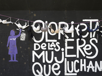 A clothesline of bras is placed at the Glorieta de las Mujeres que Luchan in Mexico City, Mexico, on October 19, 2024, by women who survive...