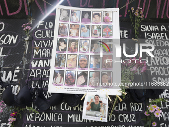 A clothesline of bras is placed at the Glorieta de las Mujeres que Luchan in Mexico City, Mexico, on October 19, 2024, by women who survive...