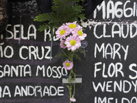 View of flowers on a clothesline of bras at the Glorieta de las Mujeres que Luchan in Mexico City, Mexico, on October 19, 2024, placed by wo...