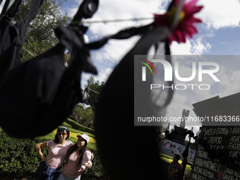 View of flowers on a clothesline of bras at the Glorieta de las Mujeres que Luchan in Mexico City, Mexico, on October 19, 2024, placed by wo...