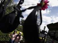 View of flowers on a clothesline of bras at the Glorieta de las Mujeres que Luchan in Mexico City, Mexico, on October 19, 2024, placed by wo...