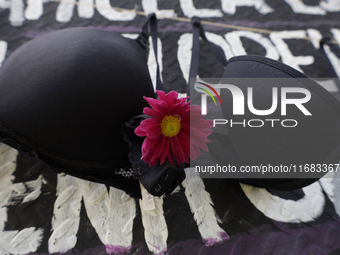 View of flowers on a clothesline of bras at the Glorieta de las Mujeres que Luchan in Mexico City, Mexico, on October 19, 2024, placed by wo...