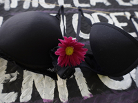 View of flowers on a clothesline of bras at the Glorieta de las Mujeres que Luchan in Mexico City, Mexico, on October 19, 2024, placed by wo...