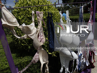 A clothesline of bras is placed at the Glorieta de las Mujeres que Luchan in Mexico City, Mexico, on October 19, 2024, by women who survive...