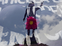 A view of an overlay of a clothesline of bras and a flower on the Glorieta de las Mujeres que Luchan in Mexico City, Mexico, on October 19,...