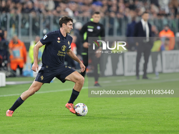 Andrea Cambiaso participates in the Serie A 2024-2025 match between Juventus and Lazio in Turin, Italy, on October 19, 2024. 