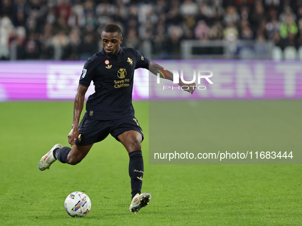 Pierre Kalulu participates in the Serie A 2024-2025 match between Juventus and Lazio in Turin, Italy, on October 19, 2024. 