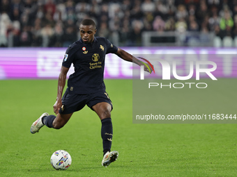 Pierre Kalulu participates in the Serie A 2024-2025 match between Juventus and Lazio in Turin, Italy, on October 19, 2024. (