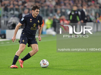 Andrea Cambiaso participates in the Serie A 2024-2025 match between Juventus and Lazio in Turin, Italy, on October 19, 2024. (