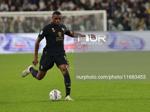 Pierre Kalulu participates in the Serie A 2024-2025 match between Juventus and Lazio in Turin, Italy, on October 19, 2024. 