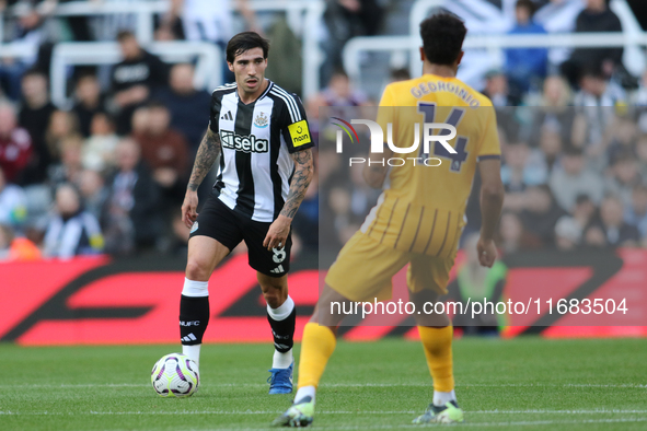 Sandro Tonali is under pressure during the Premier League match between Newcastle United and Brighton and Hove Albion at St. James's Park in...