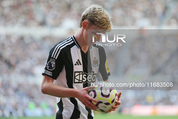 Anthony Gordon of Newcastle United looks at the football during the Premier League match between Newcastle United and Brighton and Hove Albi...