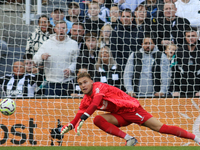 Brighton and Hove Albion goalkeeper Bart Verbruggen dives to make a save during the Premier League match between Newcastle United and Bright...