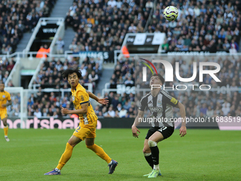 Newcastle United's Tino Livramento waits for the ball to land during the Premier League match between Newcastle United and Brighton and Hove...