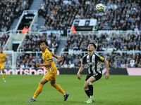 Newcastle United's Tino Livramento waits for the ball to land during the Premier League match between Newcastle United and Brighton and Hove...