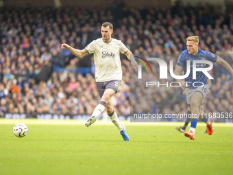 Michael Keane of Everton is on the ball during the Premier League match between Ipswich Town and Everton at Portman Road in Ipswich, England...