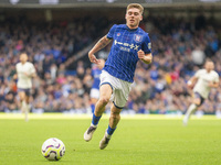 Leif Davis of Ipswich Town is on the ball during the Premier League match between Ipswich Town and Everton at Portman Road in Ipswich, Engla...