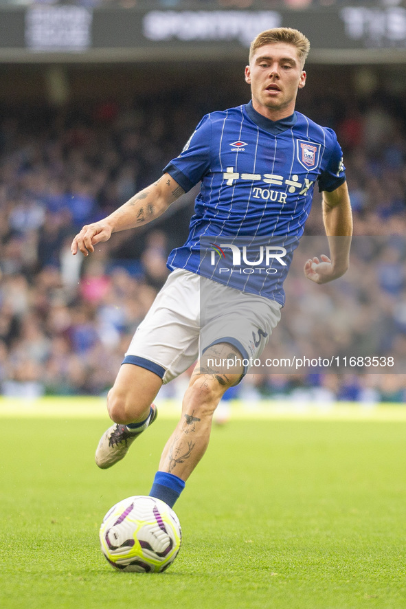 Leif Davis of Ipswich Town is on the ball during the Premier League match between Ipswich Town and Everton at Portman Road in Ipswich, Engla...