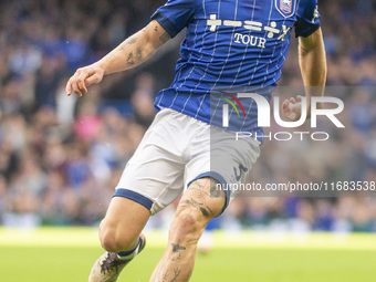 Leif Davis of Ipswich Town is on the ball during the Premier League match between Ipswich Town and Everton at Portman Road in Ipswich, Engla...