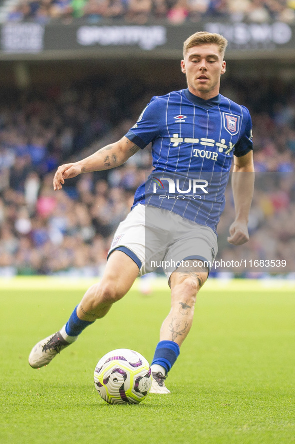 Leif Davis of Ipswich Town is on the ball during the Premier League match between Ipswich Town and Everton at Portman Road in Ipswich, Engla...