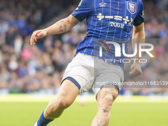 Leif Davis of Ipswich Town is on the ball during the Premier League match between Ipswich Town and Everton at Portman Road in Ipswich, Engla...