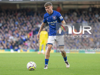 Leif Davis of Ipswich Town is on the ball during the Premier League match between Ipswich Town and Everton at Portman Road in Ipswich, Engla...