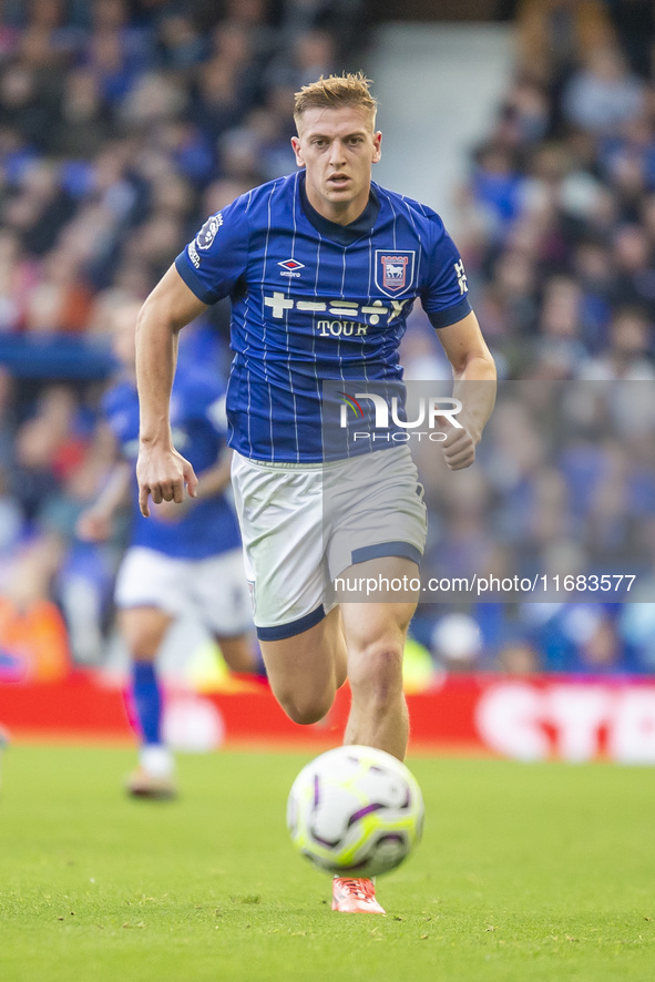 Dara O'Shea of Ipswich Town is on the ball during the Premier League match between Ipswich Town and Everton at Portman Road in Ipswich, Engl...